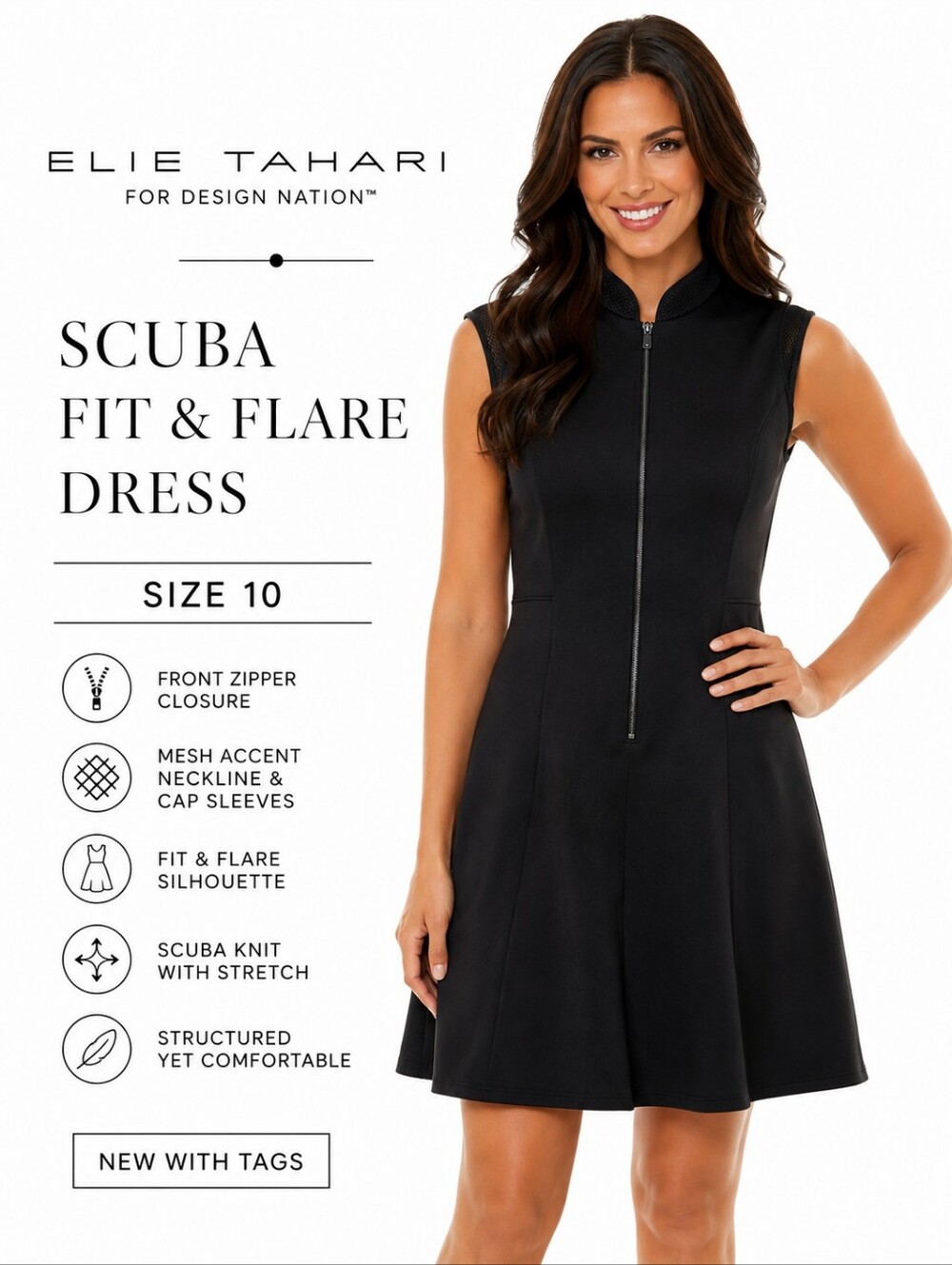 Elie Tahari Scuba Fit & Flare Dress – Mesh Trim Zip Front | NWT